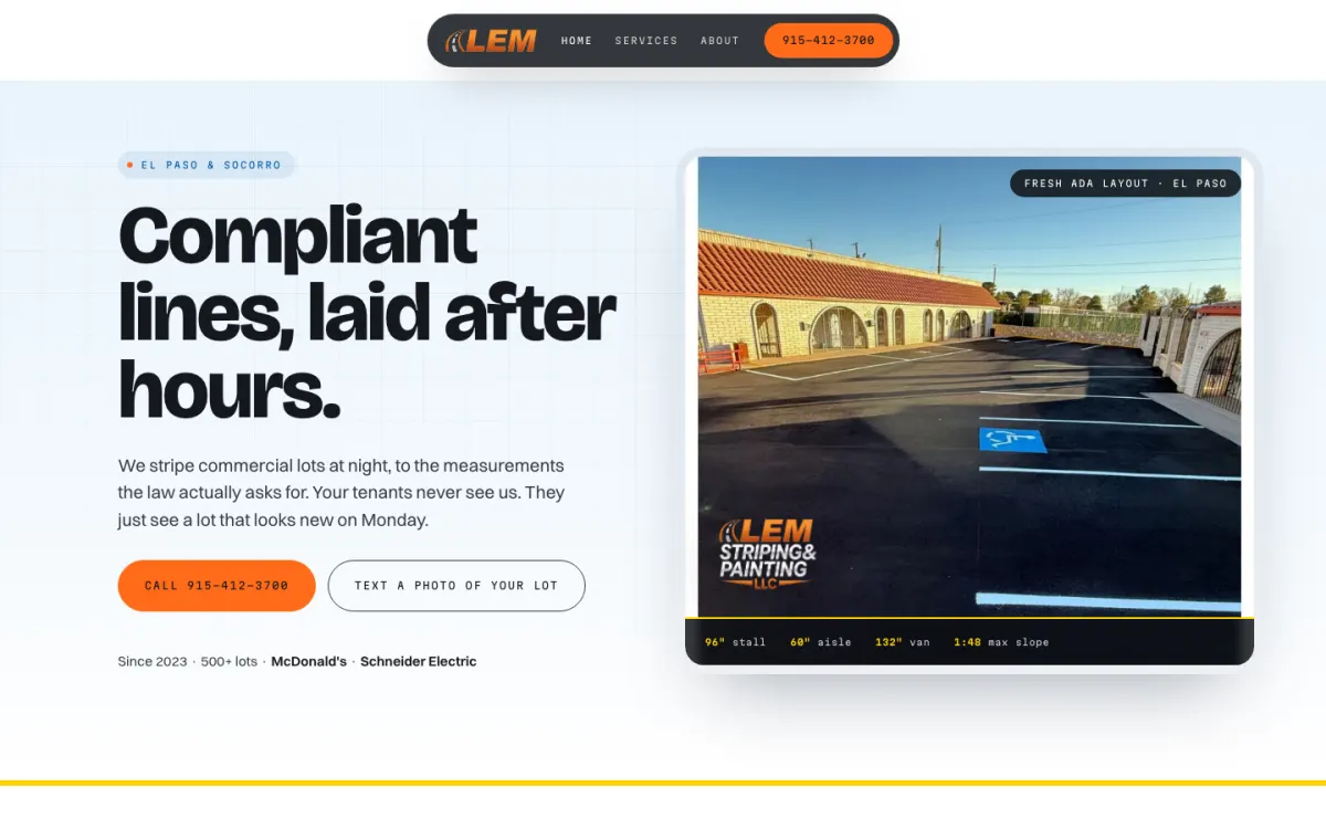 LEM Striping concept website, light homepage for a parking lot striping company