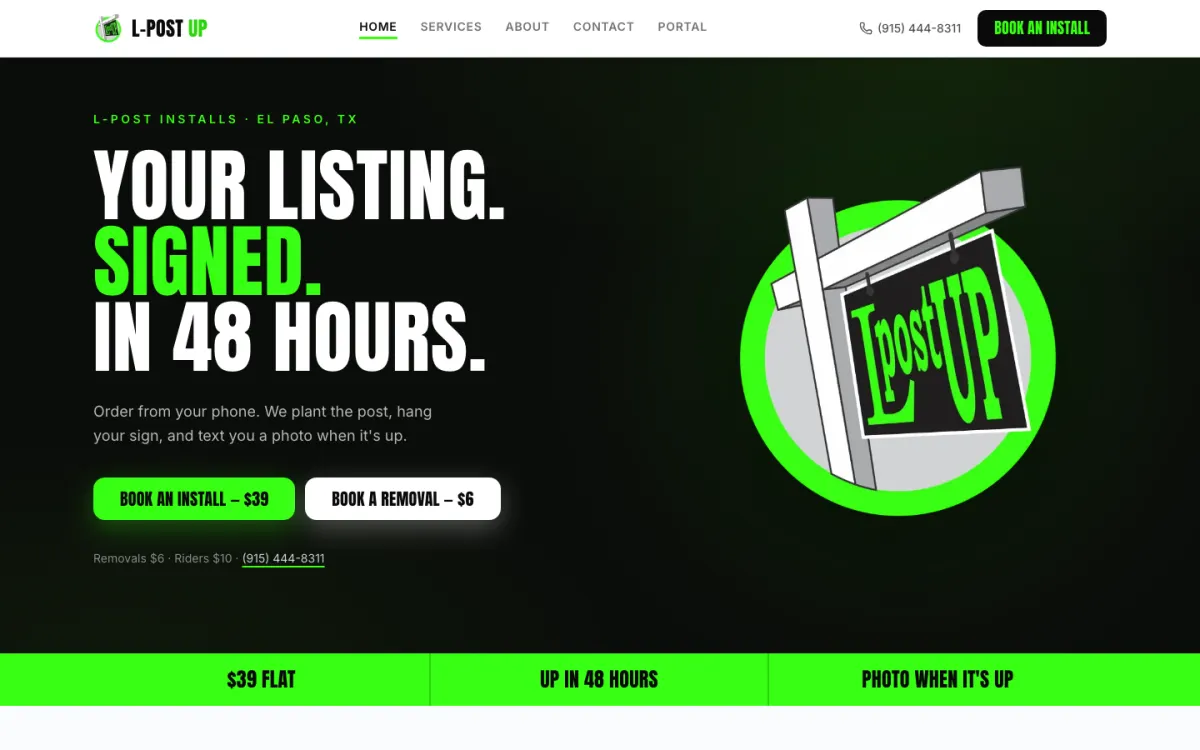 L Post Up website, black and neon green homepage for a sign installation company