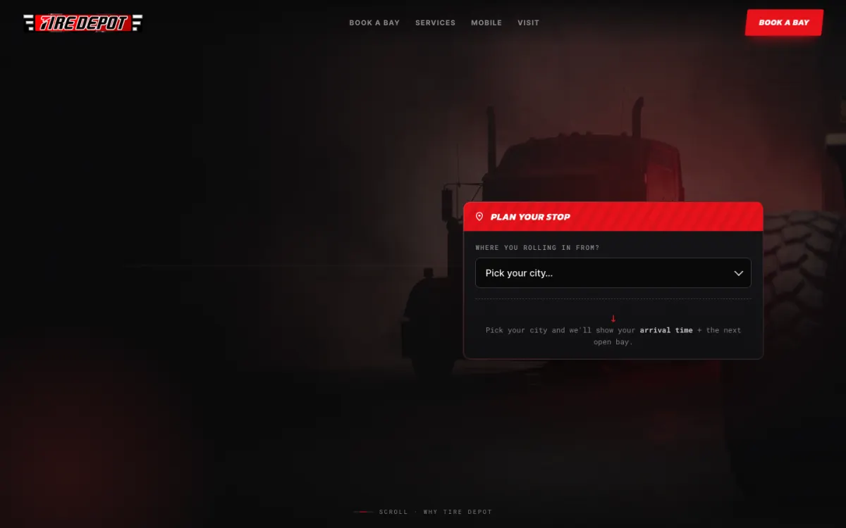 Tire Depot website, dark red and black homepage for a heavy duty truck tire shop