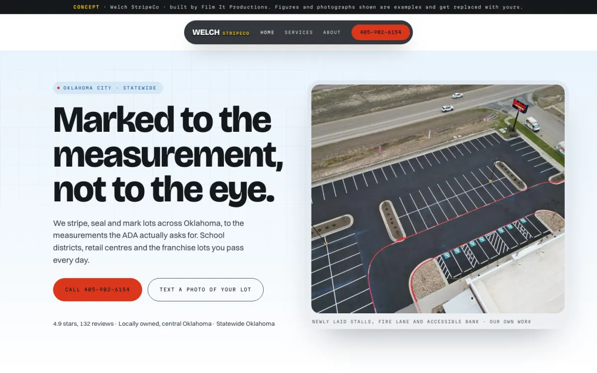 Welch StripeCo concept website for a parking lot striping company